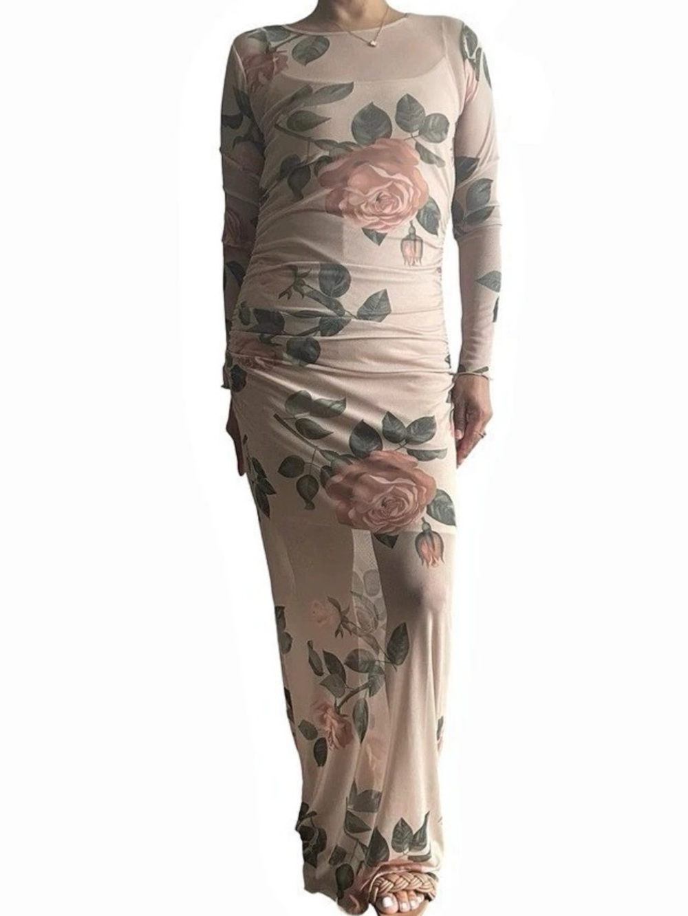 Calista Cream Rose Print Mesh Maxi Dress